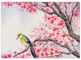 Obraz - Vtáčik na strome s červenými kvetmi (70x50 cm)