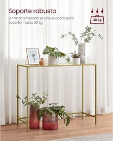 Konzolový stolík, bočný stolík, oceľový rám, tvrdené sklo, 20 x 100 x 80 cm, zlatá farba