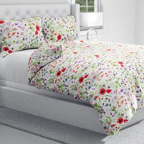 Biante Bavlnené posteľné obliečky Sandra SA-608 Červeno-fialové lúčne kvety s motýlikmi a čmeliakmi na bielom Predĺžené 140x220 a 70x90 cm