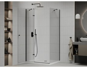 Mexen Roma, sprchovací kút s 1-krídlovými dverami 110 (dvere) x 80 (stena) cm, 6mm číre sklo, čierny profil, slim sprchová vanička 5cm biela s čiernym sifónom, 854-110-080-70-00-4010B