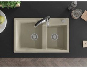 Mexen Tomas, 2-komorový granitový drez 800x500x190 mm a drezová batéria Aster, béžová, 6516-69-73450-07