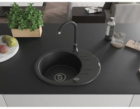 Mexen Kevin, granitový drez 586x458x190 mm, 1-komorový, čierna-strieborná metalíza s čiernym sifónom, 6517581005-73-B