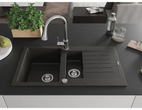 Mexen Matias, 1,5-komorový granitový drez 900x505x200 mm a drezová batéria Elia, čierna-zlatá metalíza, 6502-75-670101-00