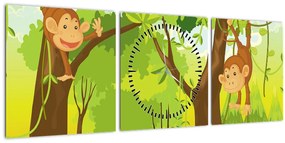 Obraz - Opičiaci (s hodinami) (90x30 cm)