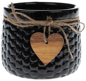 Keramický obal na kvetináč Wood heart čierna, 9 x 12,5 cm