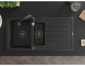 Mexen Andres, 1,5-komorový granitový drez 1000x500x200 mm a drezová batéria Savita, čierna-zlatá metalíza, 6515-75-672601-70-B
