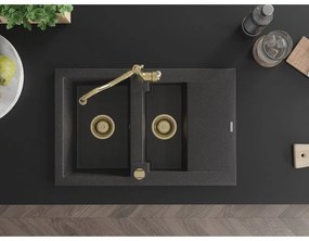 Mexen Gaspar, granitový drez 752x436x161 mm, 1,5-komorový a drezová batéria Carla, čierna škvrnitá, 6507-76-670700-50