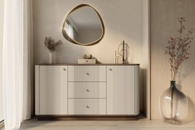 Komoda Vespera 160 cm na sokli - kašmírová / orech / zlatá