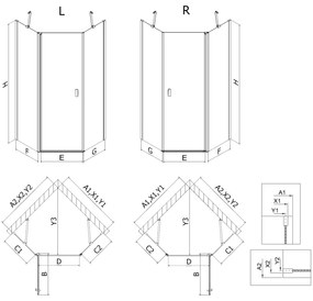 Mexen Mist, päťuholníkový sprchový kút výklopný 80 x 100 cm, číre sklo, čierny profil, 8A8-080-100-70-00