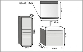 Kúpeľňový nábytok Belini čierny lesk / šedý mat + umývadlo + zrkadlo  ROD PM 2/0/W/BSR/0/ZW