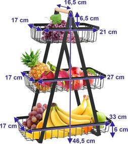 Kovový košík na ovocie PULOS - 3poschodový - čierny