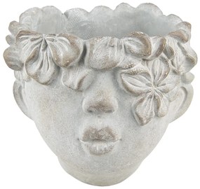 Šedý kvetináč v dizajne hlavy s kvetinovým vencom Tete - 12*9*10 cm