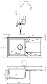 Deante Evora, 1-komorový granitový drez s odkvapkávačom 780x440x193 mm a kuchynská batéria Luno s flexibilným ramenom, čierna, DEA-ZQJJN113