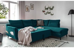 Tyrkysovomodrá zamatová rozkladacia rohová pohovka Miuform Stylish Stan L, pravý roh