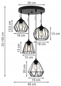 Závesné svietidlo NUVOLA, 4x čierne drôtené tienidlo (mix 4 tvarov tienidla), O