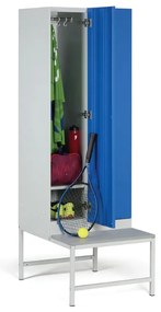 Šatníková skrinka S1 s lavičkou, 2 oddiely, 1875 x 600 x 500/800 mm, demont, zámok s čítačkou RFID kariet, zelené dvere