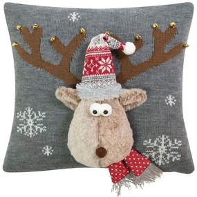 Šedý vianočný dekoračný vankúš sob Rudolf - 40*40*7cm