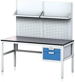 Alfa 3 Nastaviteľný dielenský stôl MECHANIC II s perfopanelom a policami, 2 zásuvkový box na náradie, 1600x700x745-985 mm, sivá/modrá