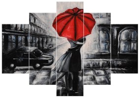 Gario Ručne maľovaný obraz Červený bozk v daždi - 5 dielny Rozmery: 150 x 105 cm