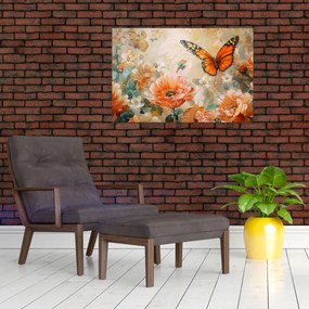 Obraz - Motýľ a kvety, olejomaľba (90x60 cm)