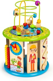 Drevená edukačná kocka ECOTOYS – motorická hračka s labyrintom, lovenie rýb a kockami