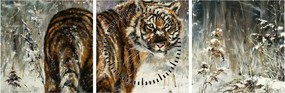 Obraz - Tiger v zasneženom lese, olejomaľba (s hodinami) (90x30 cm)