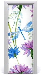 Samolepiace fototapety na dvere kvetiny i ważka 75x205 cm