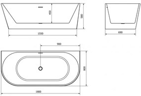 Mexen Oval, voľne stojaca nástenná vaňa 180 x 80 cm, biela-čierna, čierny matný prepad, 52671808075-70