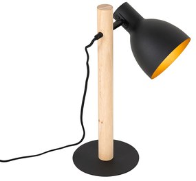 Rustikálna stolná lampa čierna s drevom - Flint