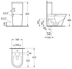 Bruckner Bruckner, DARIO RIMLESS WC kombi misa s nádržkou, spodný/zadný odpad, biela, 201.428.4