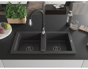 Mexen Mario, 2-komorový granitový drez 820x436x161 mm a drezová batéria Savita, čierna škvrtnitá, 6504-76-672601-70-B