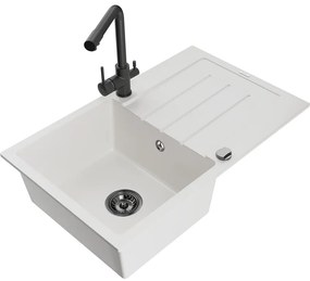Mexen Bruno, 1-komorový granitový drez s odkvapkávačom 795x495x200 mm a čierna batéria Duero, biela, 6513-20-671600-70