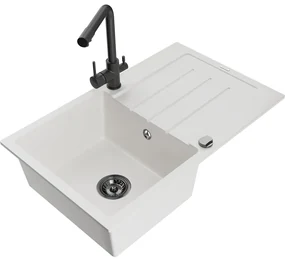 Mexen Bruno, 1-komorový granitový drez s odkvapkávačom 795x495x200 mm a čierna batéria Duero, biela, 6513-20-671600-70