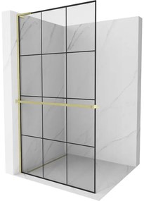 Mexen Kioto+ L, sprchová zástena Walk-In s poličkou a vešiakom 100 x 200 cm, 8mm číre sklo čierny vzor, zlatý matný profil, 800-100-123-55-77