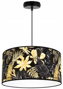 Závesné svietidlo Gold Flowers, 1x čierne textilné tienidlo s kvetinovým vzorom, (fi 40cm)