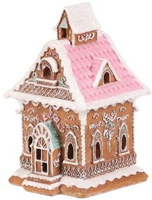 Vianočná dekorácia Perníková chalúpka s ružovou strechou, polyresin, LED, hnedá