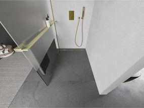 Mexen Kioto+ L, sprchová zástena Walk-In s poličkou a vešiakom 100 x 200 cm, 8mm číre sklo-námraza, zlatý matný profil, 800-100-123-55-35