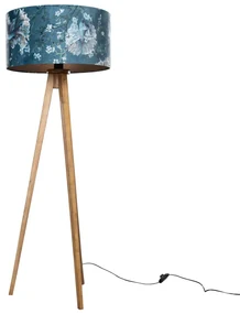 Stojacia lampa na trojnožke, vintage drevo, zamatový tienidlo s motívom rýb, 50 cm - Tripod Classic