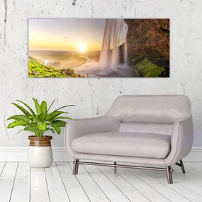 Obraz - Seljalandsfoss spoza vnútra jaskyne (120x50 cm)