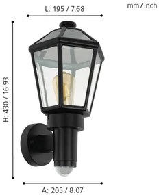 Eglo 97257 - Vonkajšie nástenné svietidlo so senzorom MONSELICE 1xE27/28W/230V