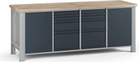 Dielenský pracovný stôl G7, buková škárovka, 2100 x 685 x 840 mm, 2x skrinka, 8 zásuviek, grafit