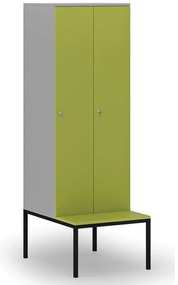 Drevená šatníková skrinka S4 s lavičkou, 2 oddiely, 1871 x 600 x 500/800 mm, demont, cylindrický zámok, sivá/zelená