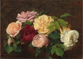 Sklenený obraz - Henri Fantin-Latour, Roses de Nice on a Table, reprodukcia (70x50 cm)
