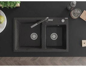 Mexen Tomas, 2-komorový granitový drez 800x500x190 mm a drezová batéria Flora, čierna škvrnitá, 6516-76-670401-08