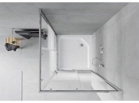 Mexen Rio, štvorcový sprchovací kút s posuvnými dverami 90 x 90 cm, 6mm číre sklo/pásy, chrómový profil + biela vysoká sprchová vanička Rio, 860-090-090-01-20-4510