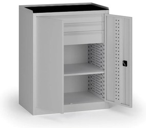 Dielenská skriňa nízka na náradie KOVOS, 1 police, 3 zásuvky, 950 x 600 x 1180 mm, sivá