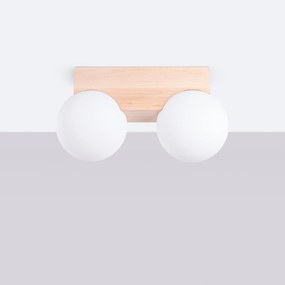 Stropné svietidlo Bulbo, 2x biele sklenené tienidlo, drevo