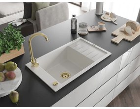 Mexen Elias, granitový drez granitový 795x480x200 mm, 1-komorový, biela so zlatým sifónom, 6511791005-20-G