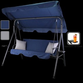 Garden Line ZÁHRADNÁ HOJDAČKA TYPU A 170 x 118 x 153 cm NÁMORNÍCKA MODRÁ S ŠEDÝMI VANKÚŠMI A DRŽIAKMI NA POHÁRE