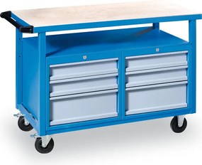 Pojazdný pracovný stôl do dielne GD, smrek + buková preglejka, 6 zásuviek, 1190 x 600 x 850 mm, sivá